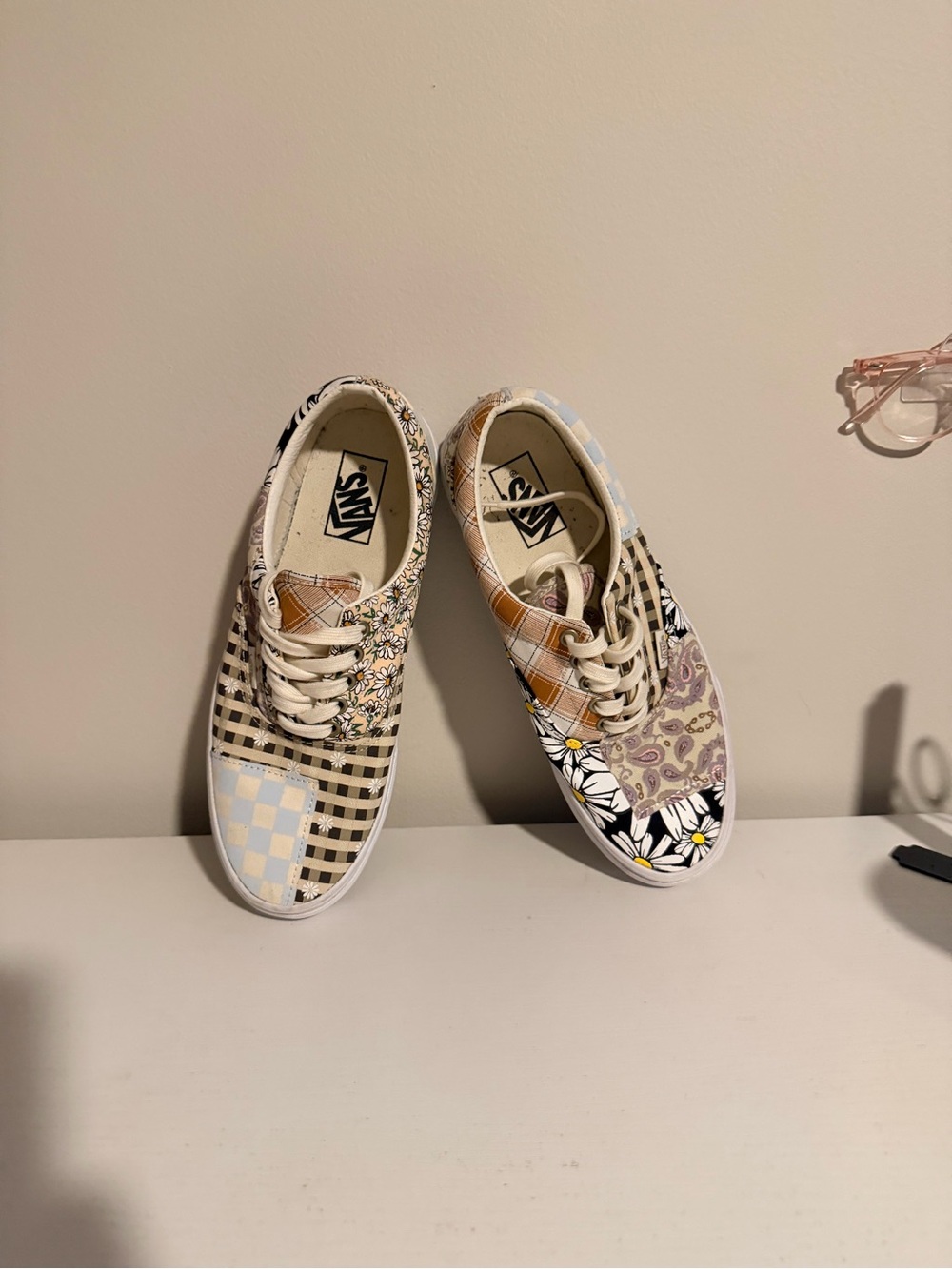 Vans Women's Patchwork Pattern Low Top Sneakers - Cream, Black & Light Blue